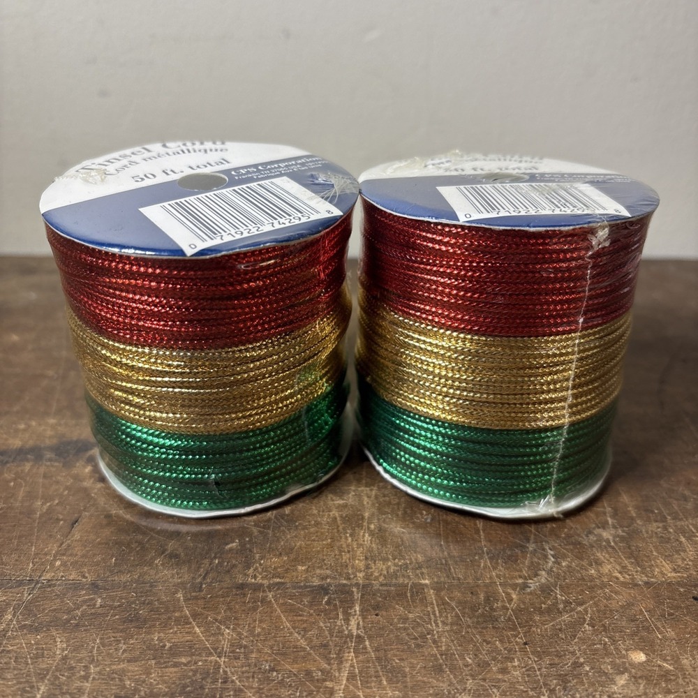 Vtg NOS Tinsel Cord Red Gold Green 100 Ft Total (2 Rolls)